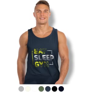 Men's navy tank top featuring text design and a logo. Available in several colours.