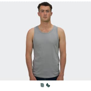 A grey men's tank top displayed on a model, featuring a simple design and a logo on the garment.