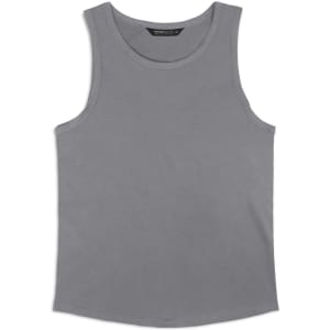 A grey men's tank top with a round neck and an inner label, featuring no visible designs or patterns.