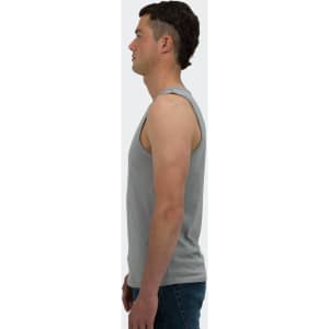 A grey men's tank top displayed on a model from the side, featuring a simple design and a small logo.