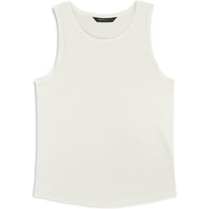 A white men's tank top with a simple design and a logo on the label.