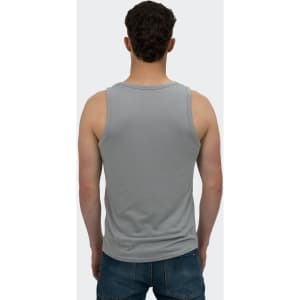 A grey men's tank top viewed from the back, featuring a fitted design and a logo on the garment.
