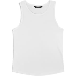 A white men's tank top featuring a simple design and a logo on the label.