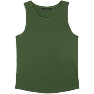 A green tank top featuring a simple design and a logo. It has a relaxed fit and no sleeves.