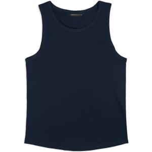 A navy men's tank top with a simple design and a small logo present. Suitable for casual wear.
