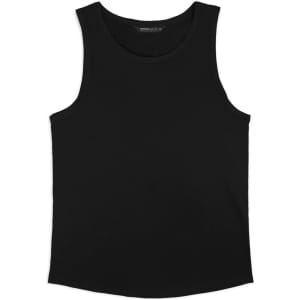 A black men's tank top with a simple design and a logo. Ideal for casual wear or workouts.