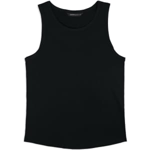 A black men's tank top with a simple design and a branded label.
