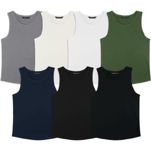 A collection of men's tank tops in grey, white, black, navy, and green, featuring a logo on some.