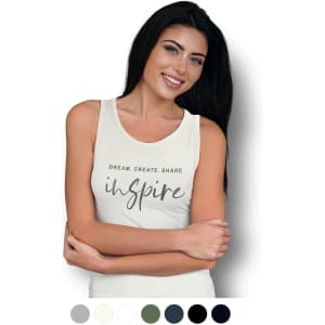 A woman's tank top in cream featuring a motivational design. It has a simple branding logo and is available in multiple colours.