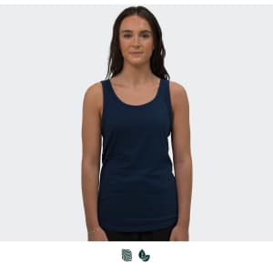 A navy blue women's tank top with thin straps and a fitted design, displayed on a model.