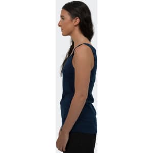 A side view of a navy blue TRENDSWEAR Relay Women's Tank Top, featuring a simple design and straps. It has a logo.