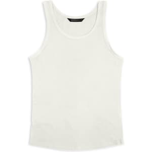A white women's tank top with a classic singlet design; features a logo on the label.
