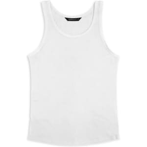 A white women's tank top with a round neck and no sleeves, featuring a logo on the label.