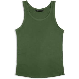 An olive green women's tank top with a simple design and a logo. Ideal for casual wear or layering.