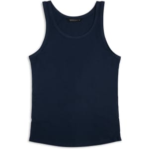 A navy blue women's tank top with a simple design and a logo on the label.