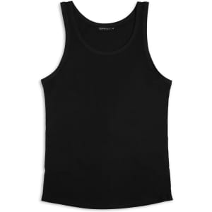 A black women's tank top with a fitted design and a branding logo. Classic style suitable for casual wear.