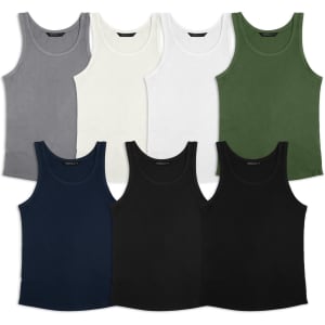 Eight women's tank tops in various colours: grey, white, black, and green, featuring a logo on each.