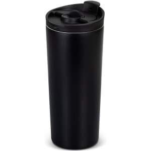 A drink bottle in sleek black with a push-button lid and a stainless steel interior. Features a logo on the side.