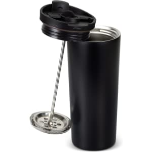A drink bottle in matte black featuring a removable lid and a coffee press plunger inside. It includes a logo.