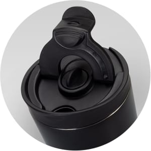 A drink bottle featuring a black vacuum cup design and a secure flip-top lid with a spout opening.