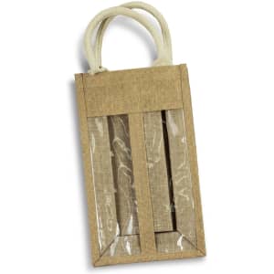 A jute double wine carrier with transparent panels and cream handles, in a natural beige colour.