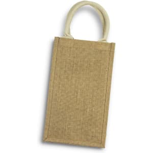 A jute wine carrier in natural brown with cream handles, designed for transporting two wine bottles.