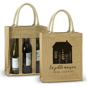 A jute wine carrier in natural colour, featuring three compartments for bottles and a printed design on one side.