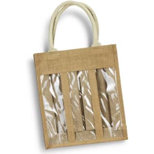 A jute tote bag in natural tones featuring transparent sections for three wine bottles. It has sturdy handles and a logo.