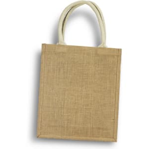 A jute tote bag in natural brown with cream handles, designed to carry three wine bottles. It has a logo.