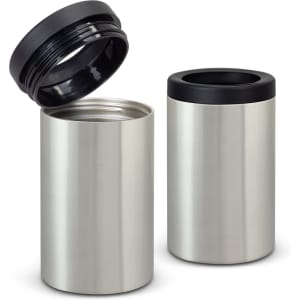 A drink bottle cooler in silver with a black lid, featuring a sleek, cylindrical design.