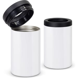 A drink bottle in white with a black lid and a second black top, designed for insulation.
