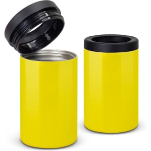 A drink bottle in vibrant yellow, featuring a black lid and a sleek design, with a shiny finish and a logo.