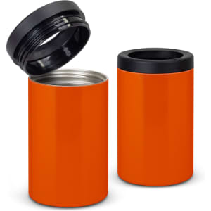 An orange vacuum insulated stubby cooler with a black lid and interior. One cooler is open, showing its stainless steel lining.