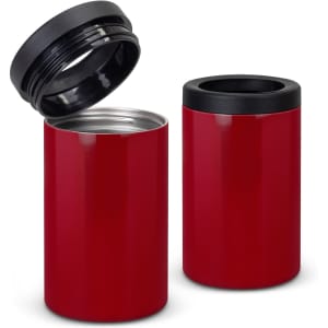 A drink bottle and cooler in glossy red with a black lid, featuring one opened and one closed.