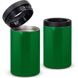 A drink bottle in vibrant green with a black lid, featuring a vacuum-sealed design.