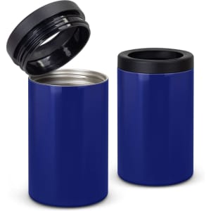 A drink bottle in a deep blue colour, featuring a black lid and a sleek design, with one bottle top off.