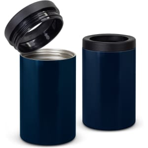 A drink bottle cooler in navy blue with a removable black lid and a shiny stainless steel interior.