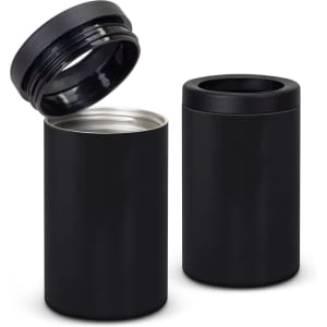 A drink bottle cooler in matte black with a screw-top lid, featuring a sleek design and a metal interior.