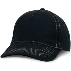 A black cap with white stitching and a curved visor, featuring a logo on the front.