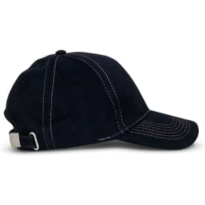 A dark blue cap with contrasting stitching and an adjustable strap at the back, featuring a logo.