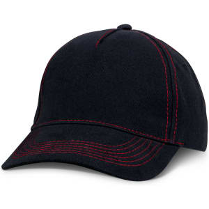 A black cap with red stitching and a curved brim. It features a logo on the front.