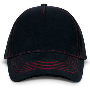 A black cap with red stitching, featuring a curved brim and a logo on the front.