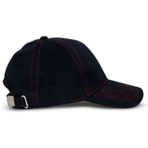 A black cap with red stitching, featuring a curved brim and an adjustable strap at the back.