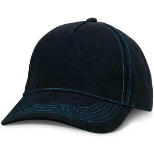 A black cap featuring contrasting blue stitching, with a structured design and a curved brim. It has a logo.