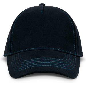 A black cap featuring contrasting blue stitching and a solid, structured design. It has a logo on the front.