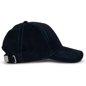A navy cap featuring contrasting blue stitching and an adjustable strap at the back. It has a logo on the side.
