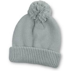 A soft grey beanie with a pom-pom on top and a ribbed cuff, featuring a logo.