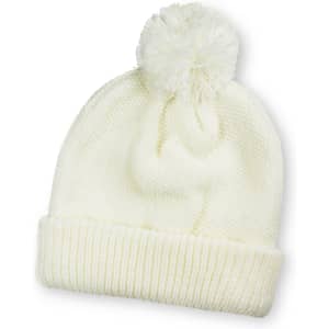 A white knitted beanie with a pom pom on top and a ribbed cuff. It has a branding logo.