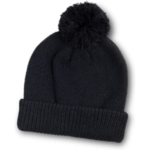 A black beanie with a textured pattern and a fluffy pom-pom on top, featuring a ribbed cuff.