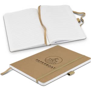 A beige Beaumont Stone Paper Notebook with lined pages, featuring a logo and an elastic closure.